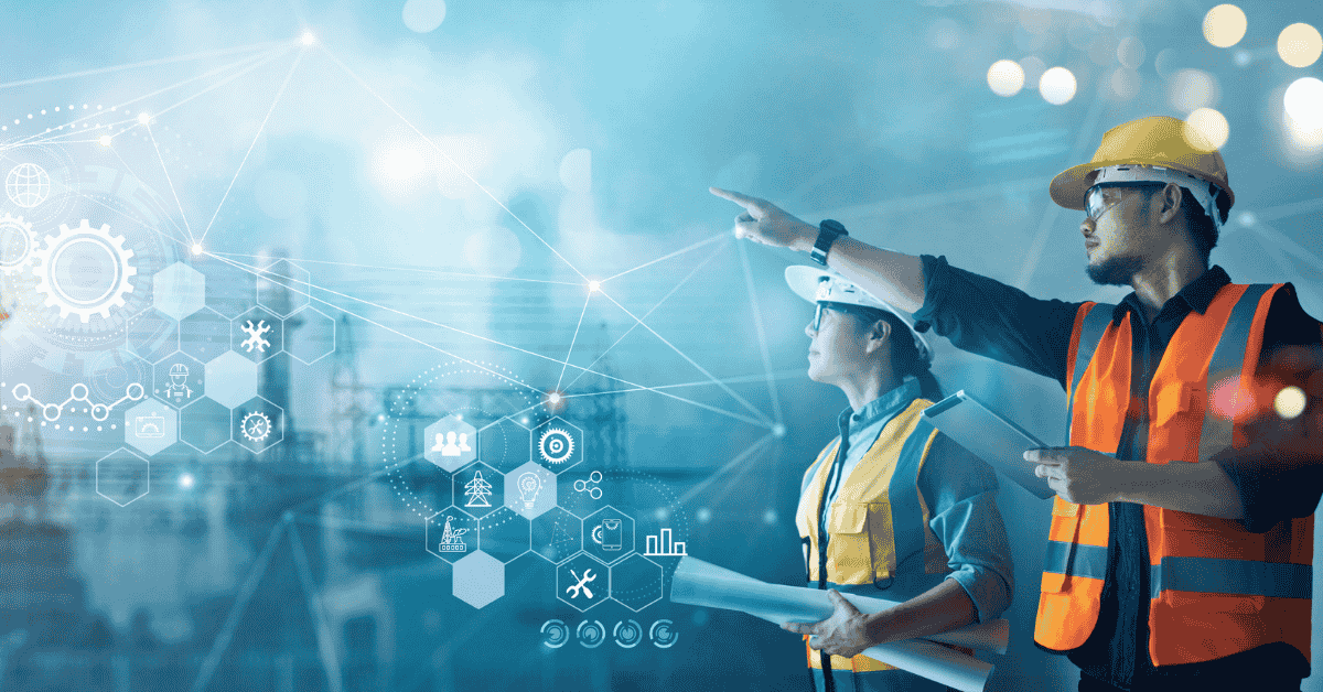 Digital Transformation in Oil and Gas Industry: Engineers analyzing digital data at refinery.